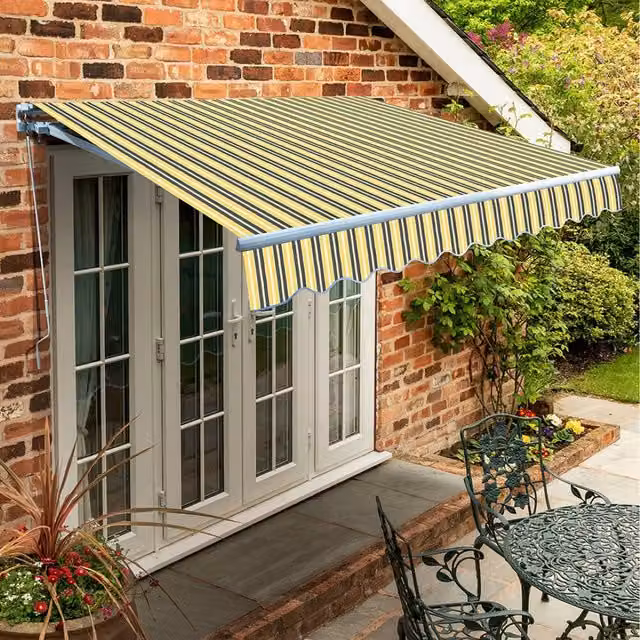 Primrose Manual Retractable Wall-Mounted Awning with Adjustable Height Canopy, W/D/H: 350 x 250 cm, Yellow and Grey Striped