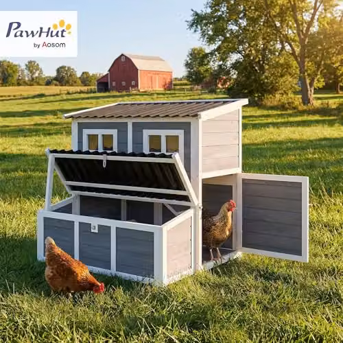 PawHut Grey Wooden Chicken Coop with Nesting Box and Slide-Out Tray, W/D/H: 100 x 86 x 86 cm – 2