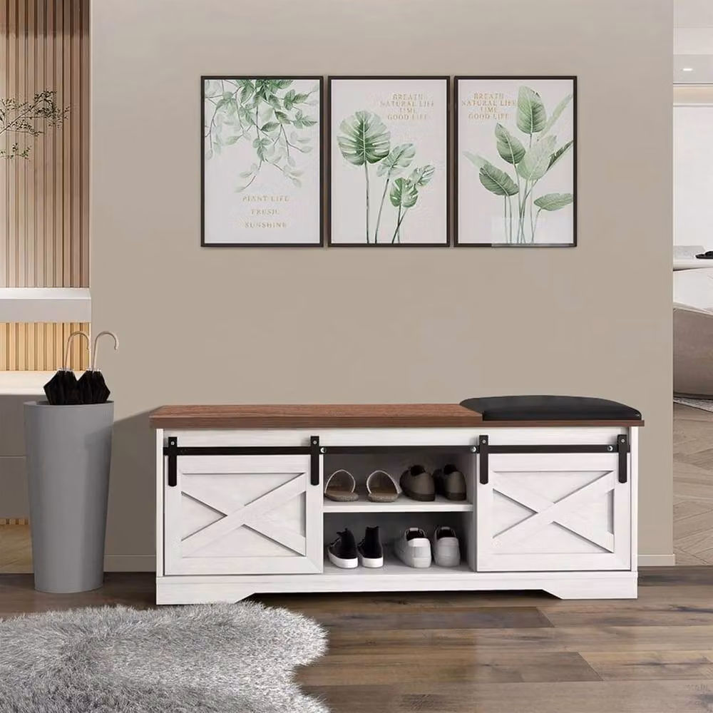VOGREX Cushioned Shoe Storage Bench in White and Multicolour with Synthetic Leather and Wood Finish – 4