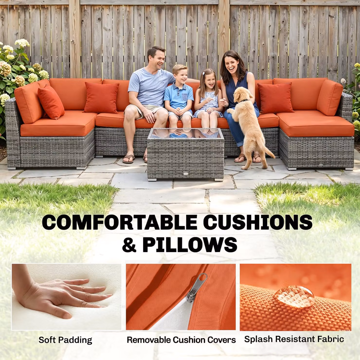 Outsunny Eight-Piece L-Shape Rattan Sofa Set with Upholstered Cushions in Orange and Grey – 6