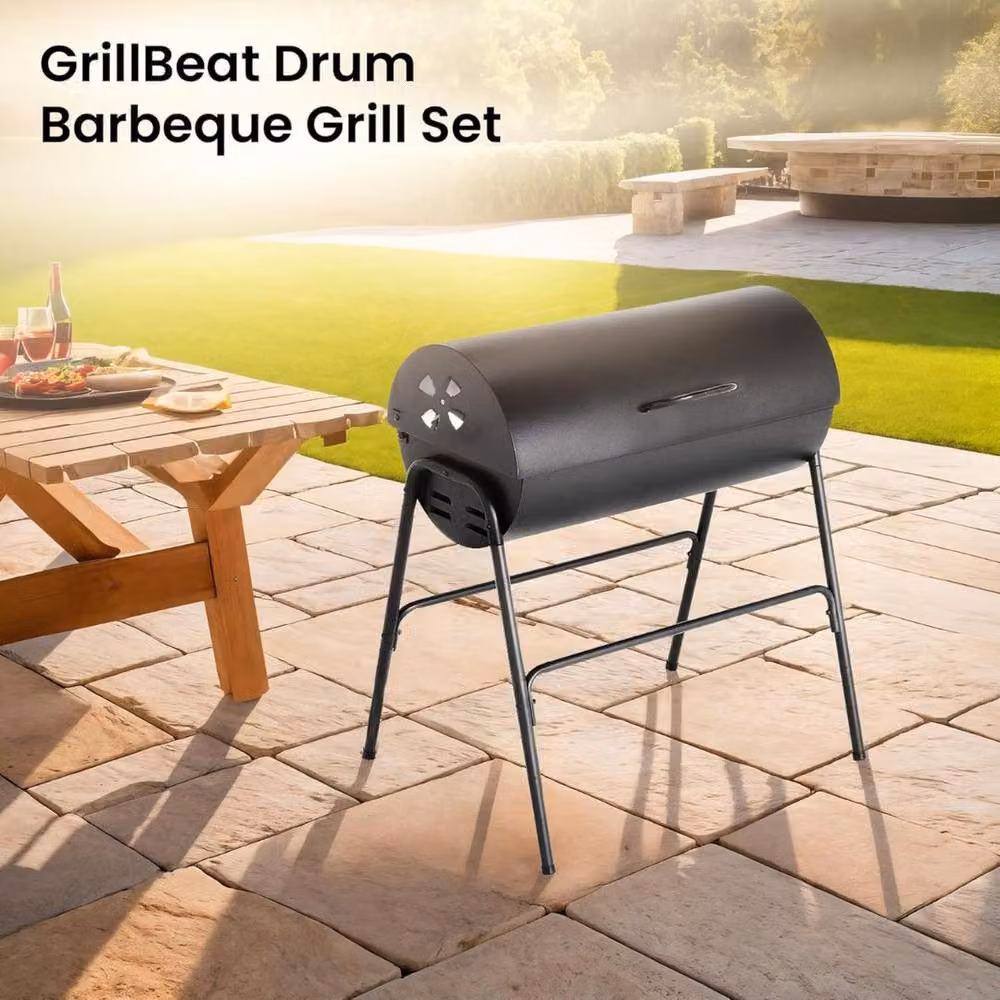 Trendi Charcoal BBQ Grill and Smoker Barrel Barbecue in Black with Warming Rack and Wheels – 4
