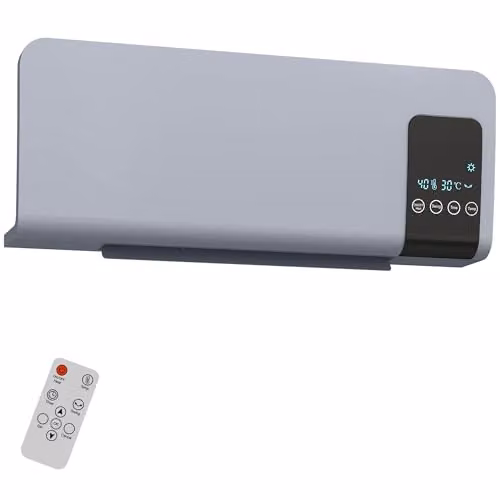 HOMCOM 2000W Wall Mounted Ceramic Fan Heater with Remote Control, Timer and Thermostat, Grey, H 54.5 x W 54.5 x D 21.5 cm