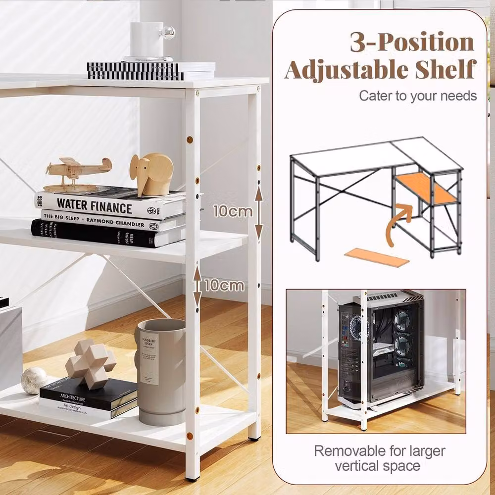 VOGREX White Reversible L-Shaped Corner Desk with Metal X-Frame – 4