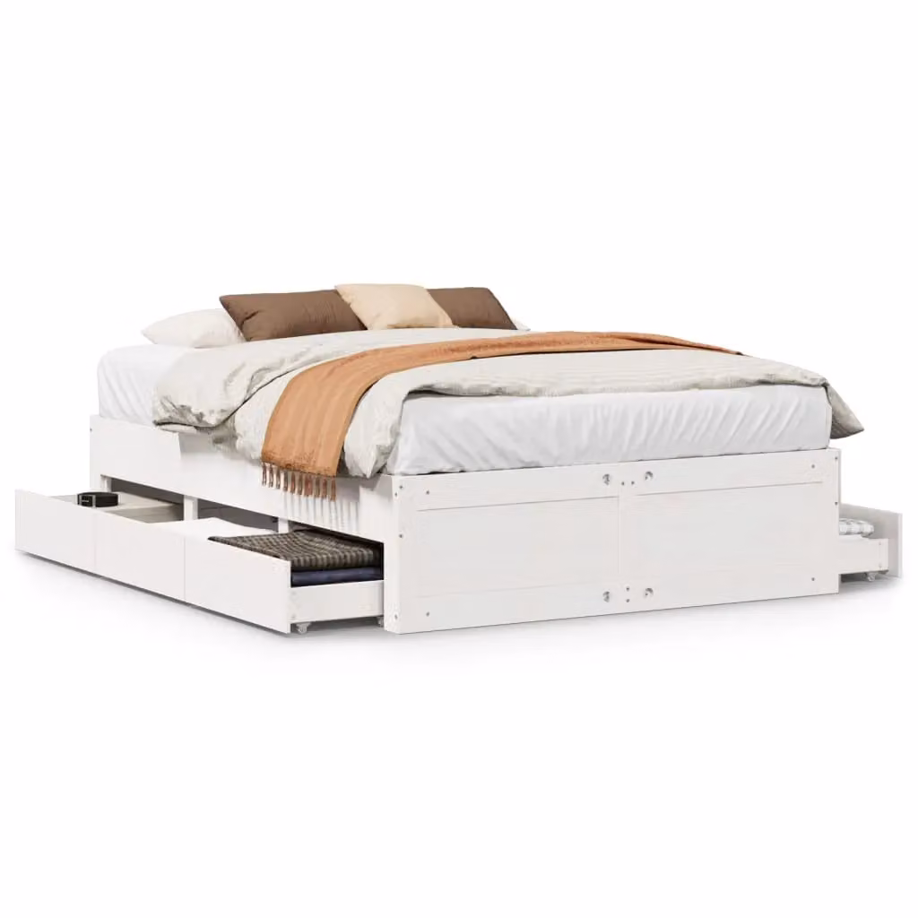 Berkfield Home King Size Solid Wood Pine Bed Frame with Drawers, White, W: 150 cm, D: 200 cm – 2