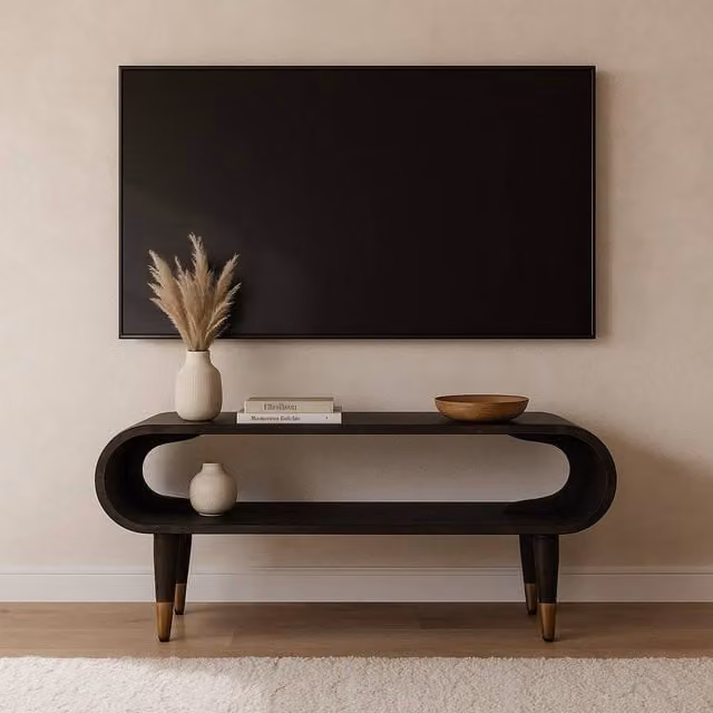 Artisan Furniture Mid-Century Mango Wood Media Unit with Brass Accents in Brown and Black