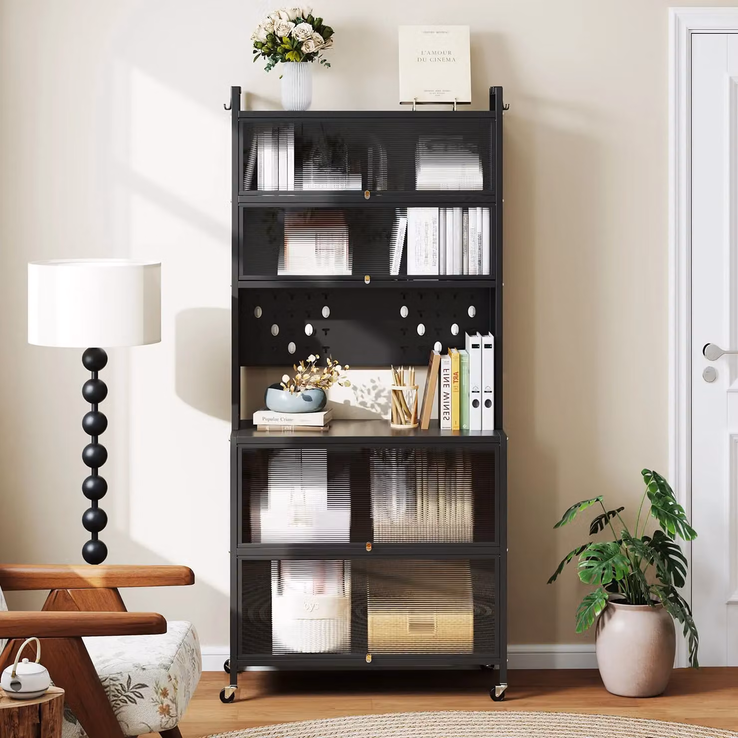 Costway 6-Tier Kitchen Pantry Cabinet Buffet with Hutch and Hooks in Black – 5