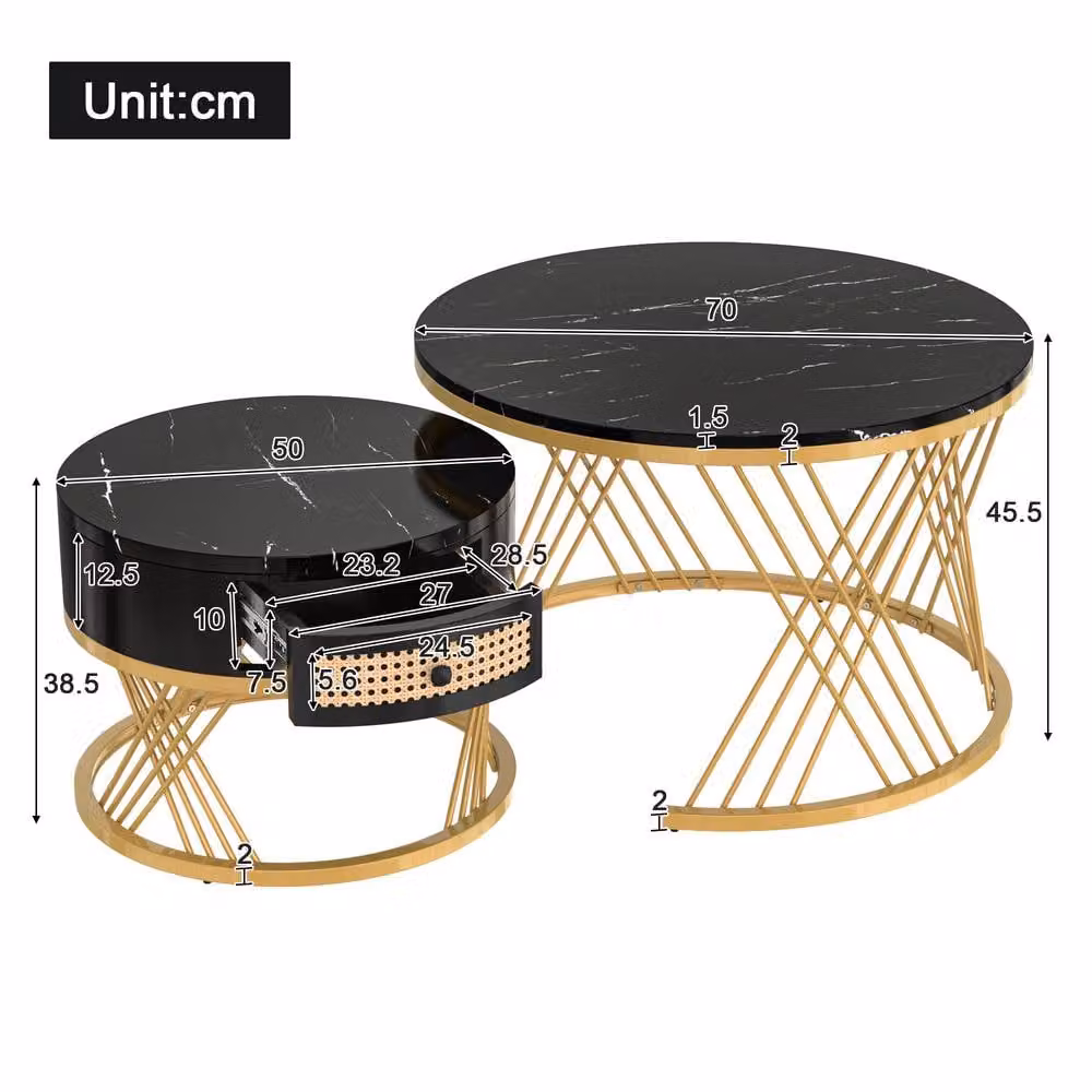 Rolipo Black and Gold Round Nesting Coffee Table Set with Marble Pattern Top – 4