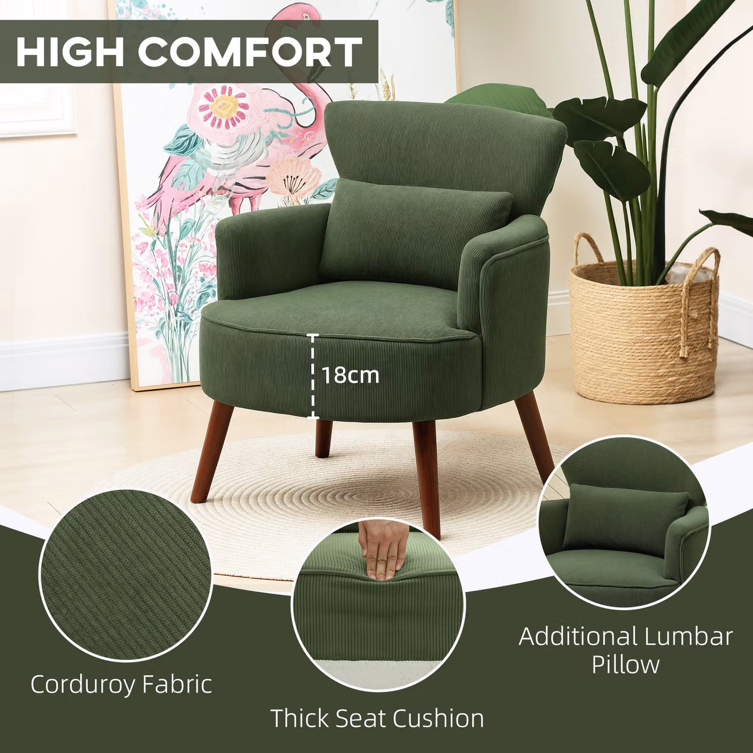 HOMCOM Retro Corduroy Accent Chair with Armrests in Green – 5