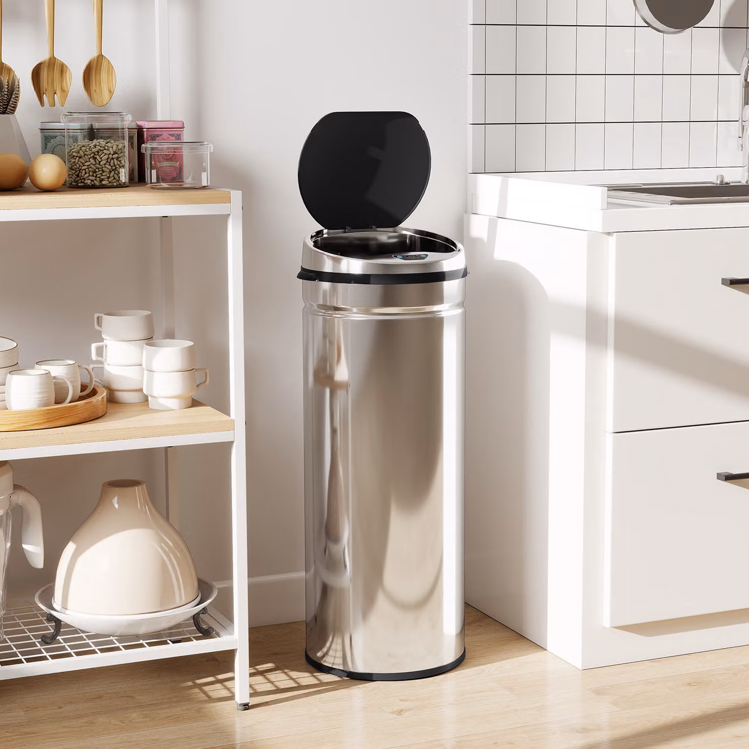 HOMCOM 50L Stainless Steel Sensor Bin in Silver Tone with Soft Close and Fingerprint Proof Finish – 4