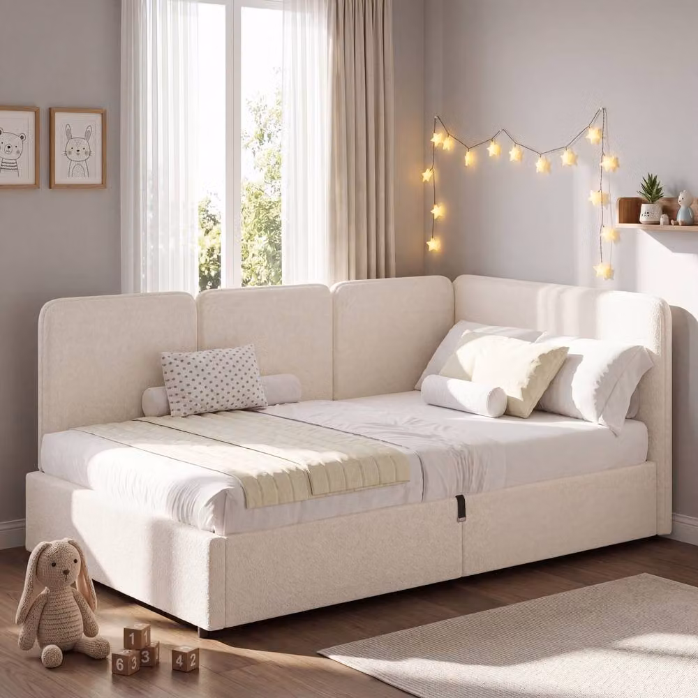 Matteo Upholstered Single Ottoman Daybed in Beige Bouclé Fabric, W/D/H: 190 x 90 x 90 cm – 4