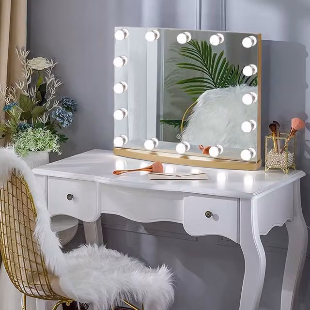 Livingandhome Golden Hollywood LED Tabletop Vanity Mirror in Gold/Brass