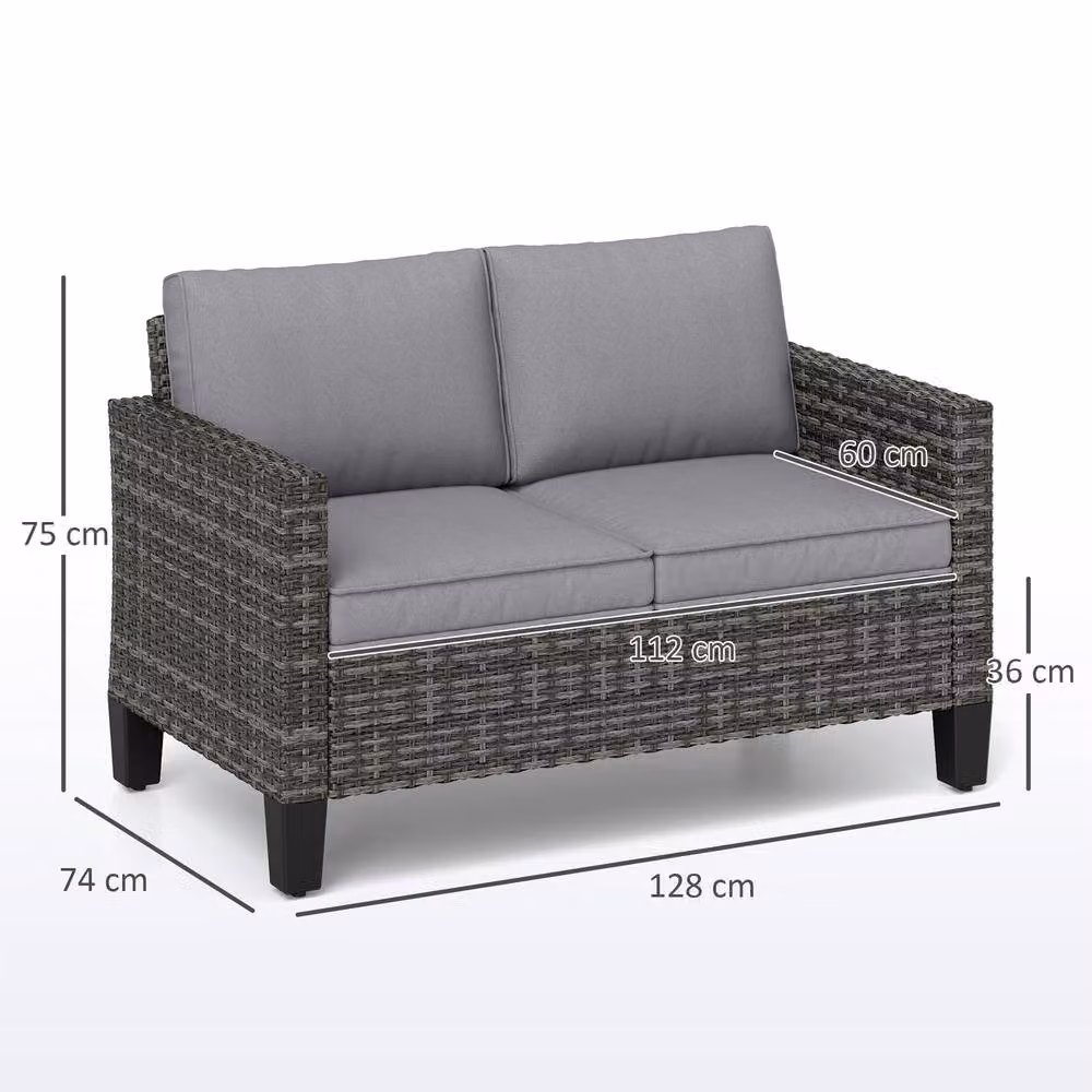 ERGOVEXA Two-Seater Rattan Outdoor Sofa in Grey with Upholstered Cushions and Powder Coated Steel Frame – 2