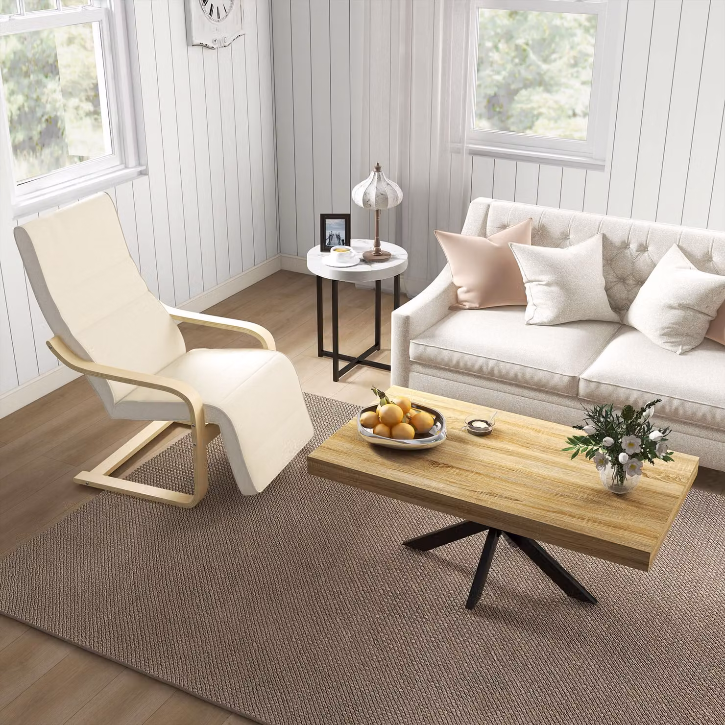 HOMCOM Modern Wooden Lounge Chair with Adjustable Footrest and Armrests in Beige – 3