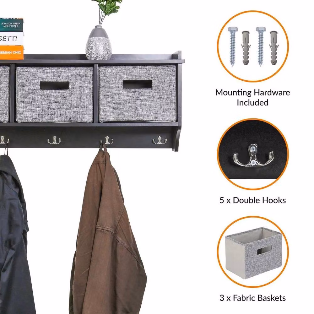 EONLION Wall Mounted Coat Rack with Shelf in Black and Dark Grey, Width: 50 cm – 2