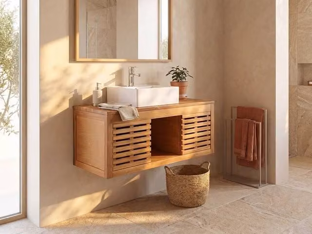 Vente-unique PENEBEL Acacia Wood Wall-Mounted Bathroom Vanity Unit in Brown, W/D/H: 90 x 40 x 50 cm – 1