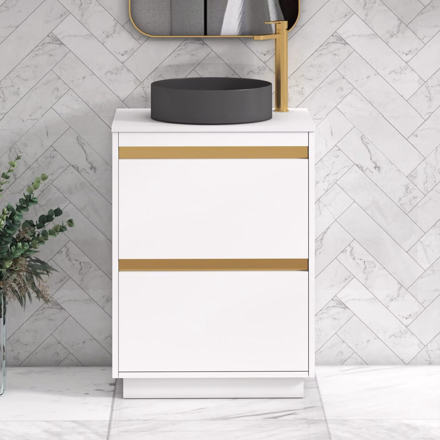 Royal Bathrooms Orion 600mm Matt White Floor Standing 2 Drawer Vanity Unit with Art Round Basin and Brushed Brass Accent Trim