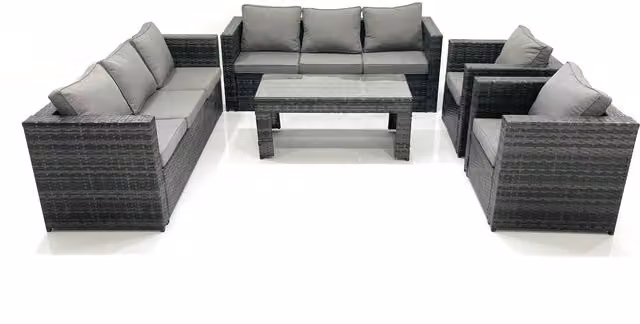 Fimous Rattan Garden Furniture Set in Dark Grey with Upholstered Cushions, Coffee Table, Armchairs and Sofas – 1