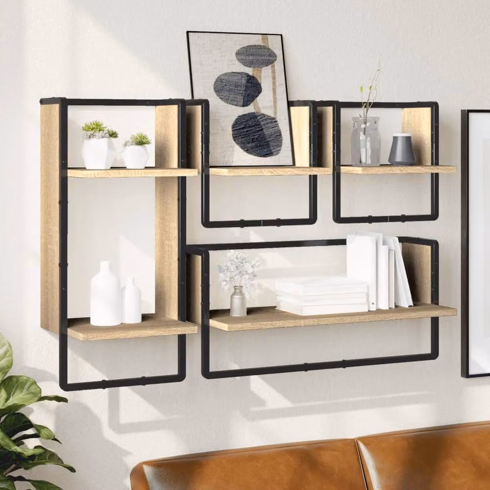 Berkfield Home 4 Piece Decorative Wall Shelf Set with Hanging Rods in Sonoma Oak and Light Brown – 2
