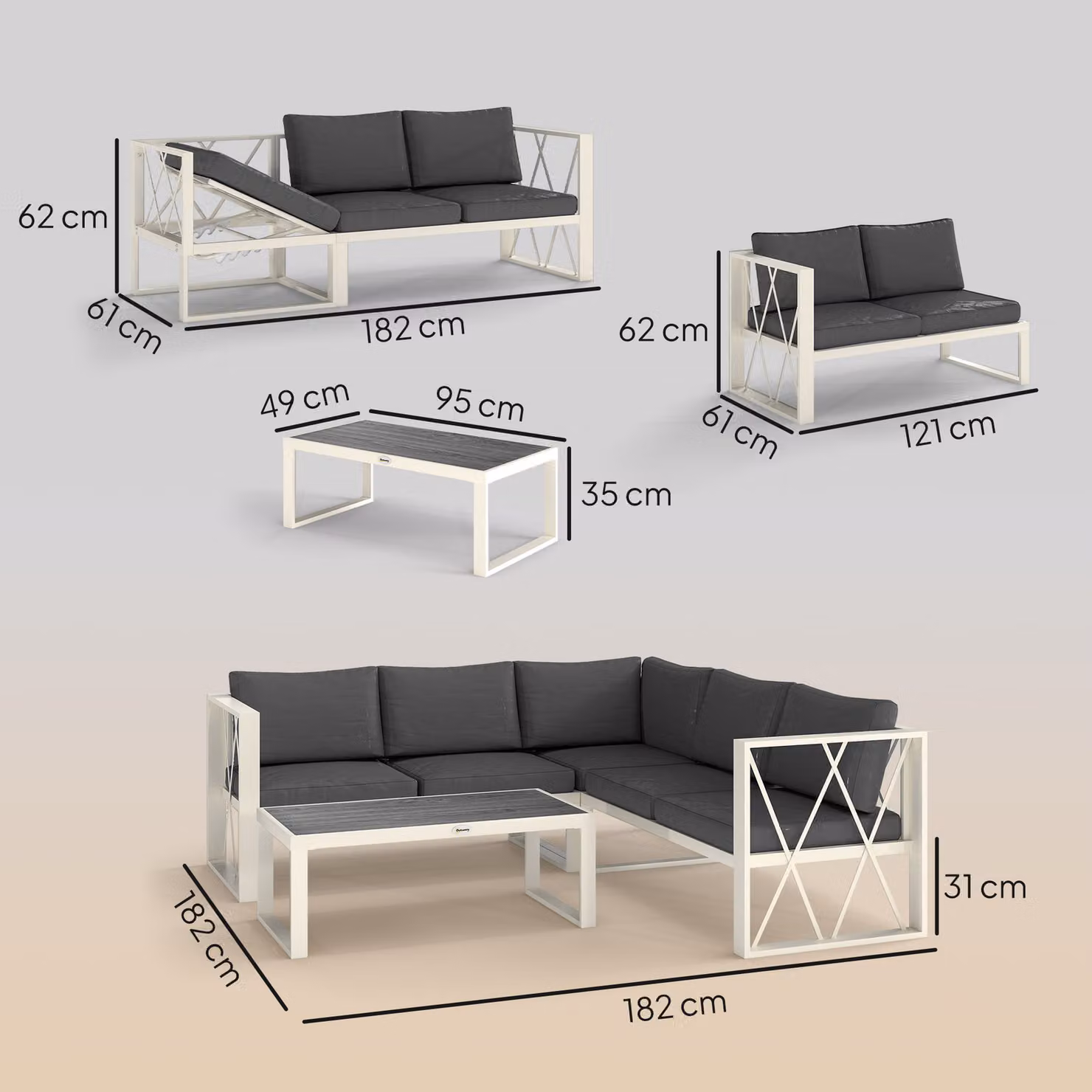 Outsunny 4-Piece L-Shaped Garden Corner Sofa Set with 5-Level Adjustable Lounger and Coffee Table in Grey – 2