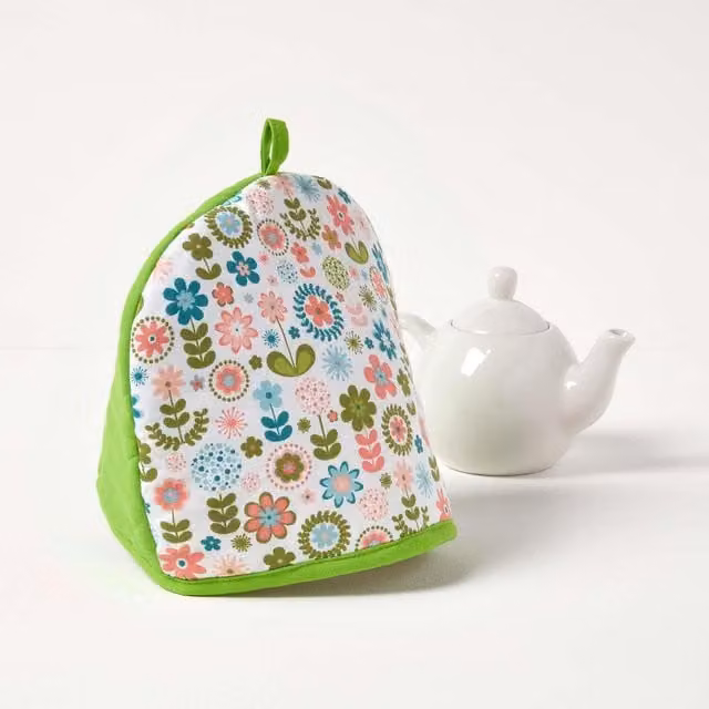 Homescapes Retro Flower Design Double Tea Cosy and Teapot Warmer in Green and Multicolour