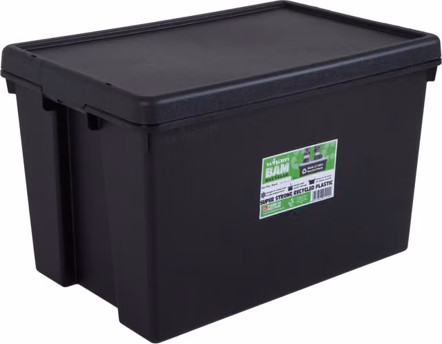 Wham Bam Black Recycled Plastic Storage Box with Lid, 62l