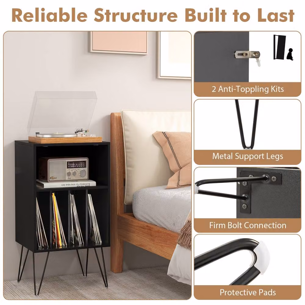 Gymax 3-Tier Black Metal Turntable Stand and Vinyl Record Storage Table – 4
