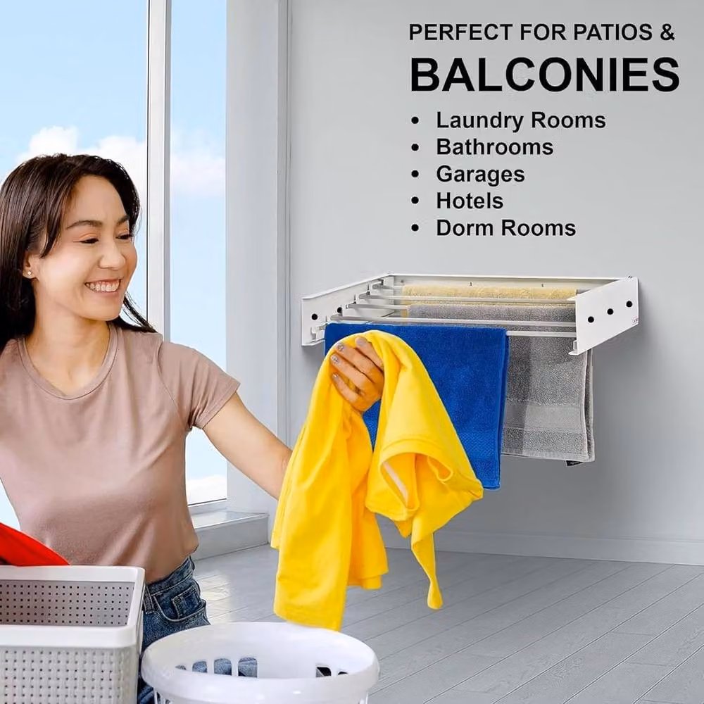ATEK Wall Mounted Retractable Laundry Drying Rack in White, 100cm – 3