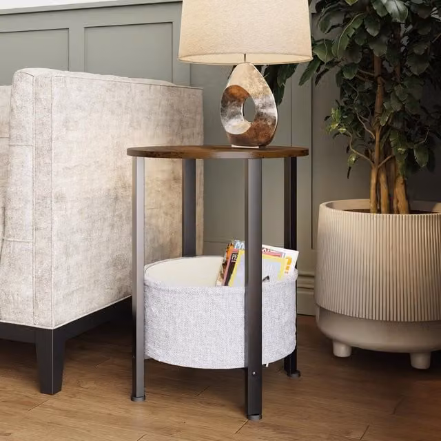 FWStyle Urban Round Side Table with Basket in Black and Brown – 1
