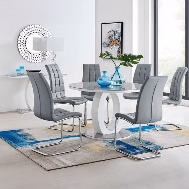 FurnitureboxUK Giovani Round Grey Dining Set with 120cm Glass Table and 6 Murano Chairs