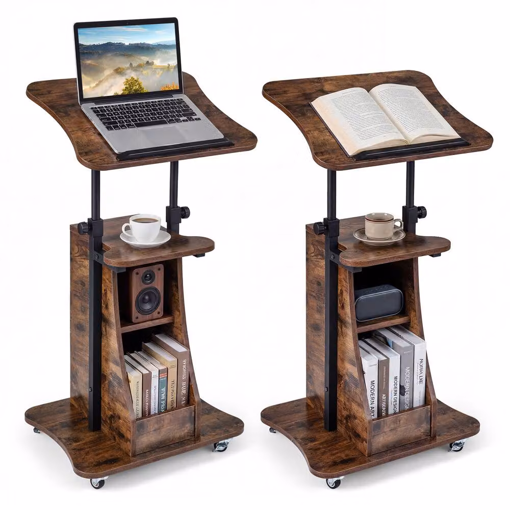 Gymax Height Adjustable Rolling Podium Stand with Tilting Top in Rustic Brown – 4