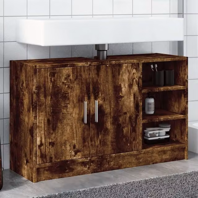 Berkfield Home Smoked Oak Sink Cabinet in Brown, W/D/H: 90 x 29 x 55 cm – 1