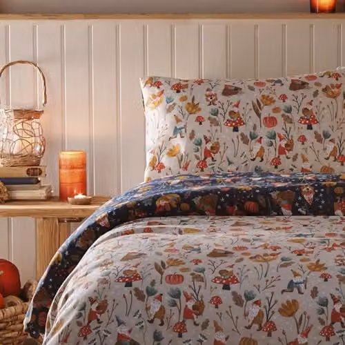 Fusion Autumn Gonks Reversible Duvet Cover and Pillowcase Set in Sand, Blue and Multicolour, W: 230 cm, D: 220 cm – 2