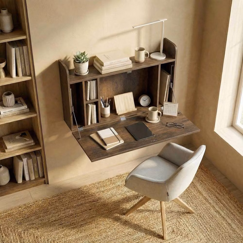 FORGEVIO Modern Brown Wall Mounted Secretary Desk with Folding Top and Storage Compartments – 3