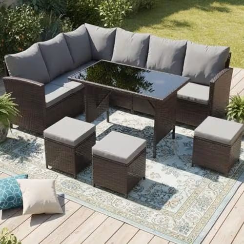 Birchtree 9 Seater L-Shape Rattan Garden Furniture Set with Coffee Table and Ottoman in Brown – 1
