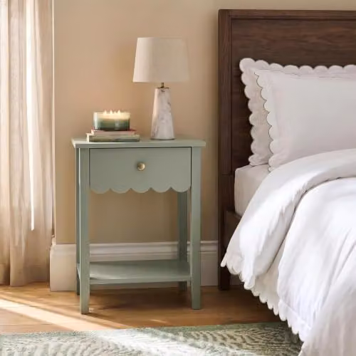 OHS Scallop 1 Drawer Bedside Table and End Table with Open Storage Shelf, Green