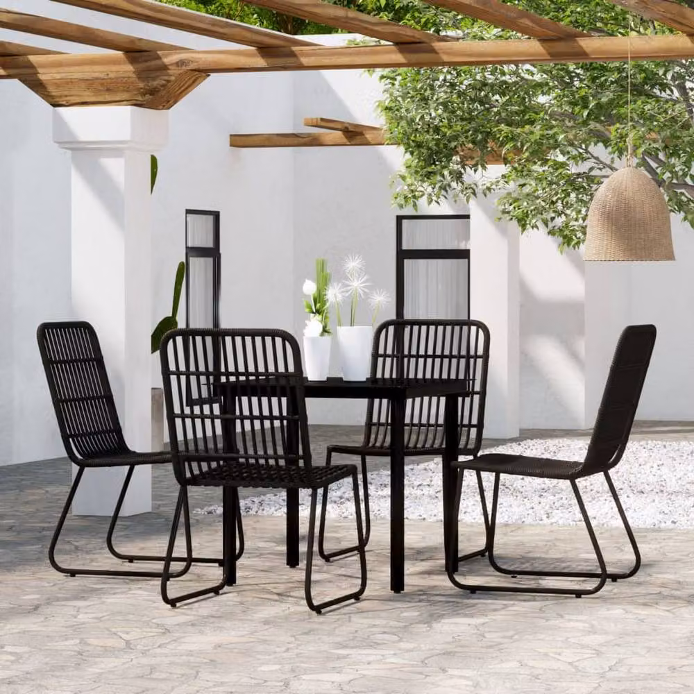 Berkfield Home 5 Piece Black Garden Dining Set with Metal, Glass and Rattan – 1