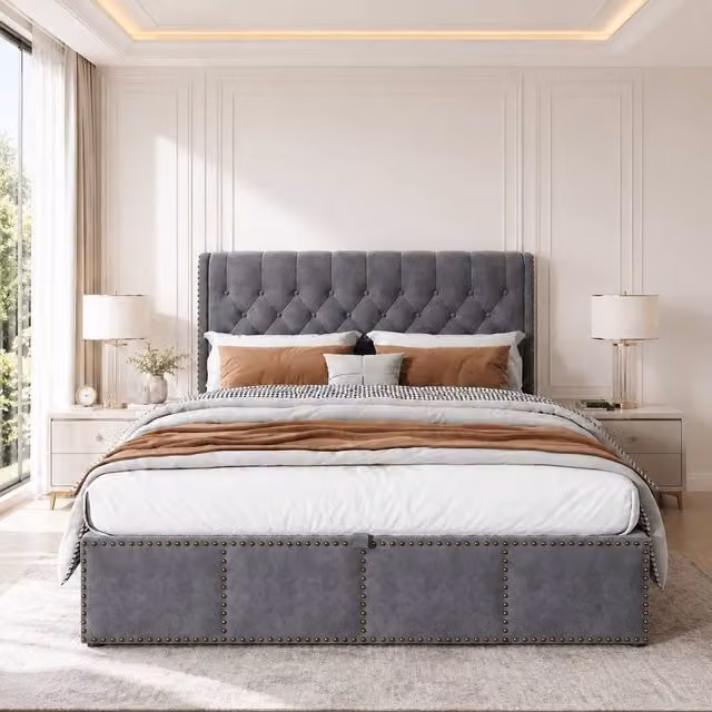 Merax Double Upholstered Velvet Ottoman Storage Bed with Padded Headboard in Grey, W/D/H: 140 x 200 x 135 cm – 1