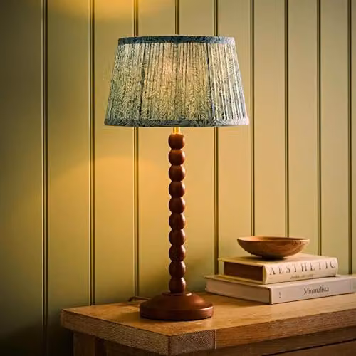 ValueLights Bobbin Leaf Printed Pleated Shade Walnut Bobble Table Lamp with Bulb in Mid Blue – 2