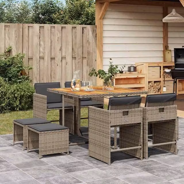 Berkfield Home 9 Piece Grey Poly Rattan Garden Dining Set with Cushions