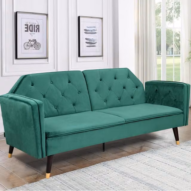 Comfy Living Modern Plush Velvet Tufted Sofa Bed in Green