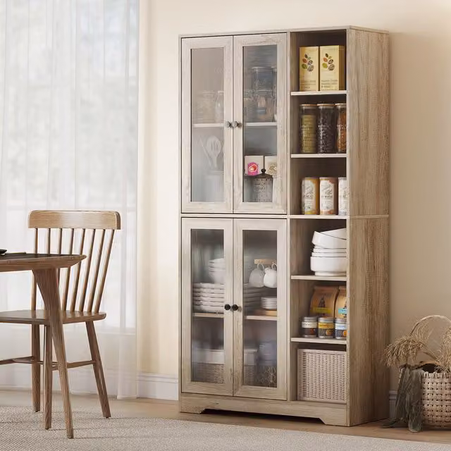 HOMCOM Modern Tall Kitchen Cupboard with Glass Doors and Internal Shelves, Grey, Height: 172 cm