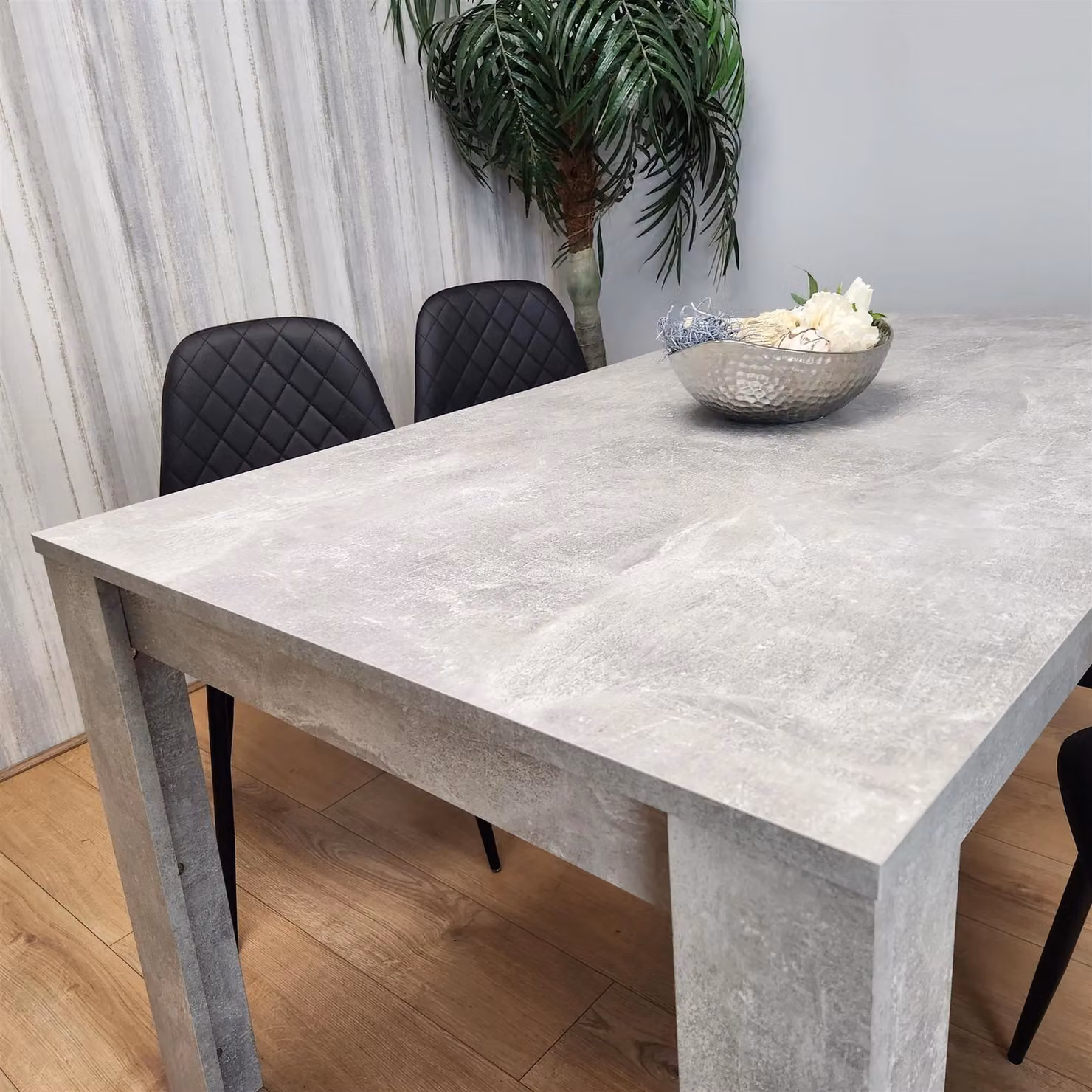 Kosy Koala Stone Grey Effect Wood Dining Table Set with 4 Black Gem Pattern Chairs in Brown – 2