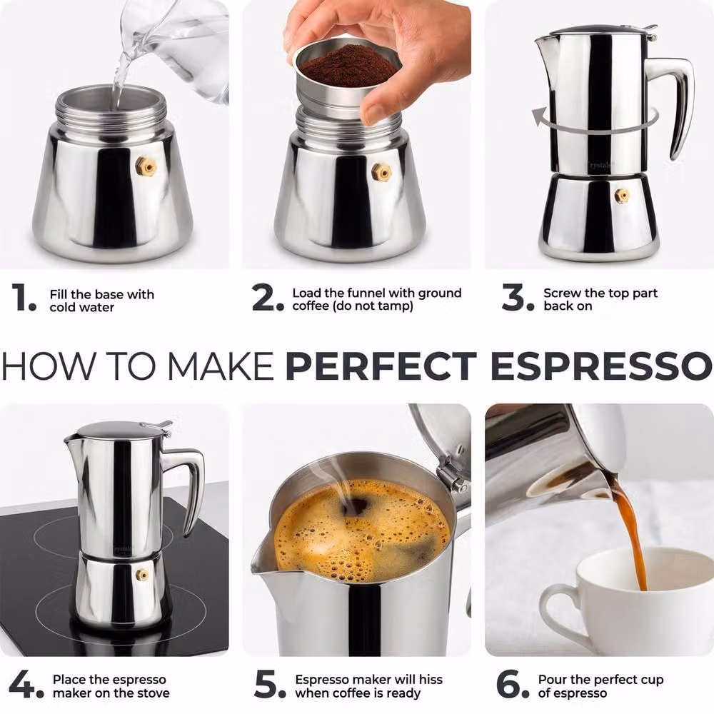 Crystals 6 Cup Stainless Steel Espresso Maker Stovetop Moka Pot in Metallic Silver – 7