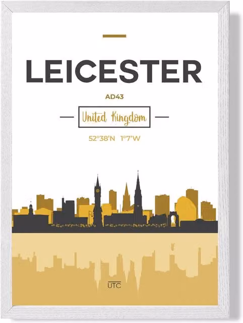 ARTZE Leicester City Skyline Framed Print, Yellow and Black Graphic Poster with White Frame, A2