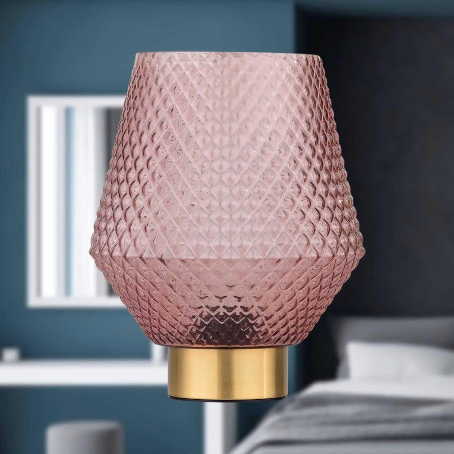 First Choice Lighting Set of 2 Porter Battery Operated Table Lamps in Satin Brass and Pink Tex Glass – 4