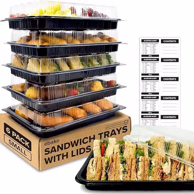Ebake Set of 6 Black Rectangular Plastic Sandwich Platter Trays with Lids, 34 cm