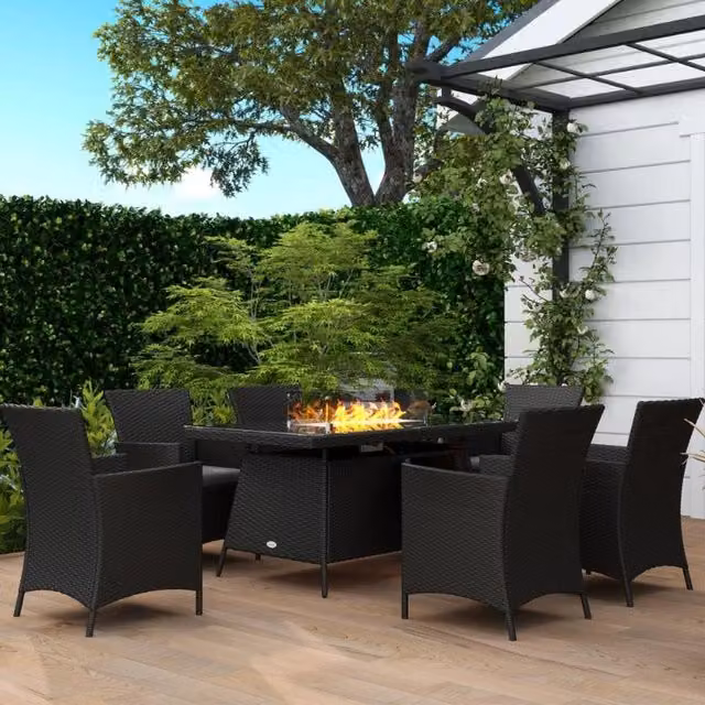 Kos 7 Piece Modern Outdoor Rattan Garden Furniture Set with Black Fire Pit Table