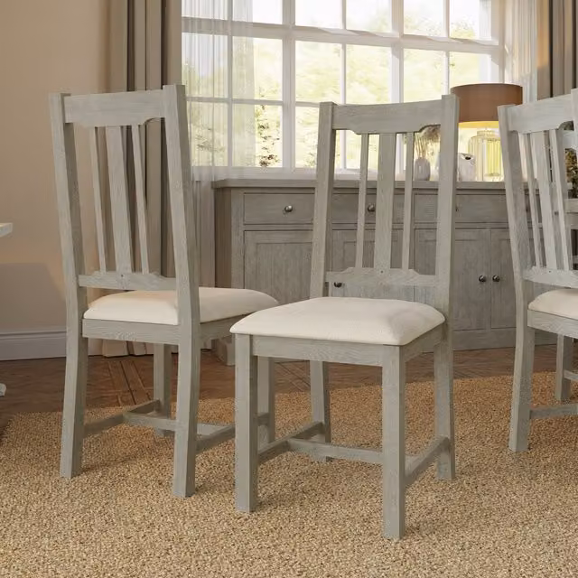 FWStyle Set of 2 Rustic Reclaimed Pine Dining Chairs with Grey Fabric in Limewashed Finish