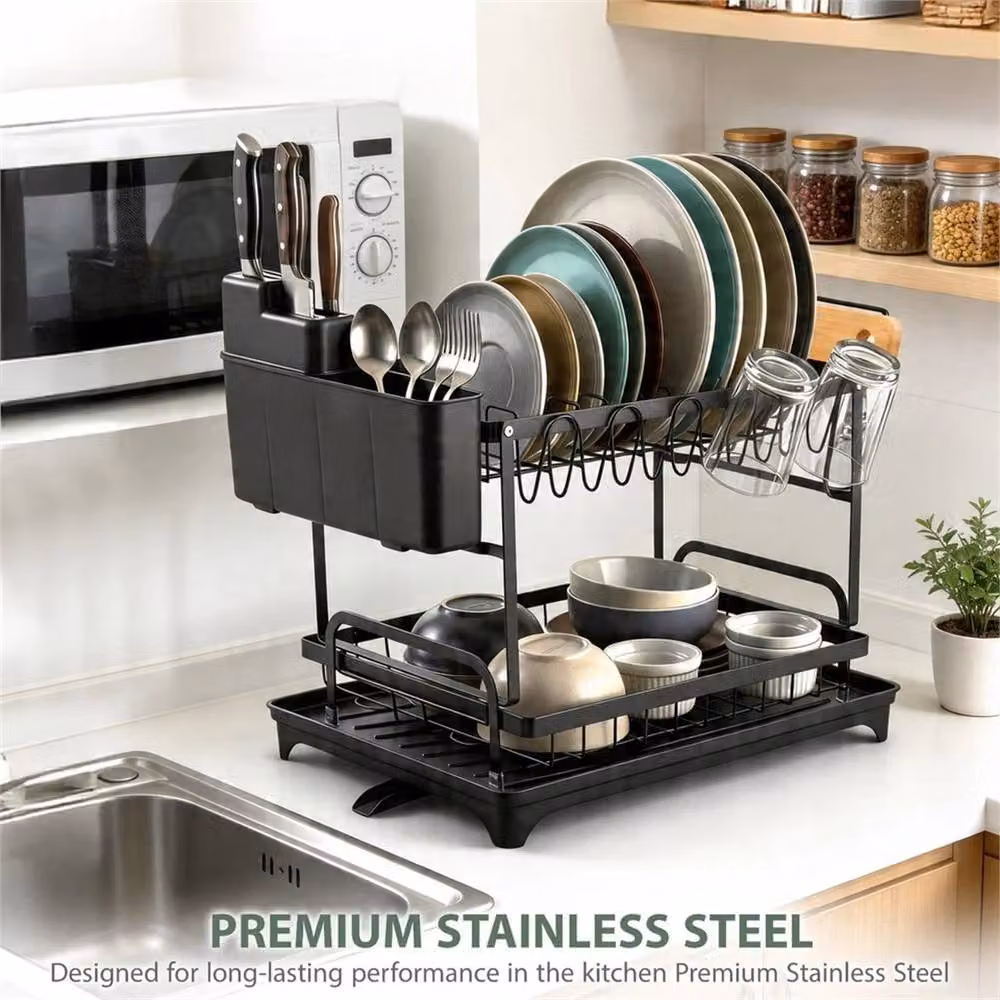 Nordara 2 Tier Black Metal Dish Drainer Rack with Cutlery Holder – 3