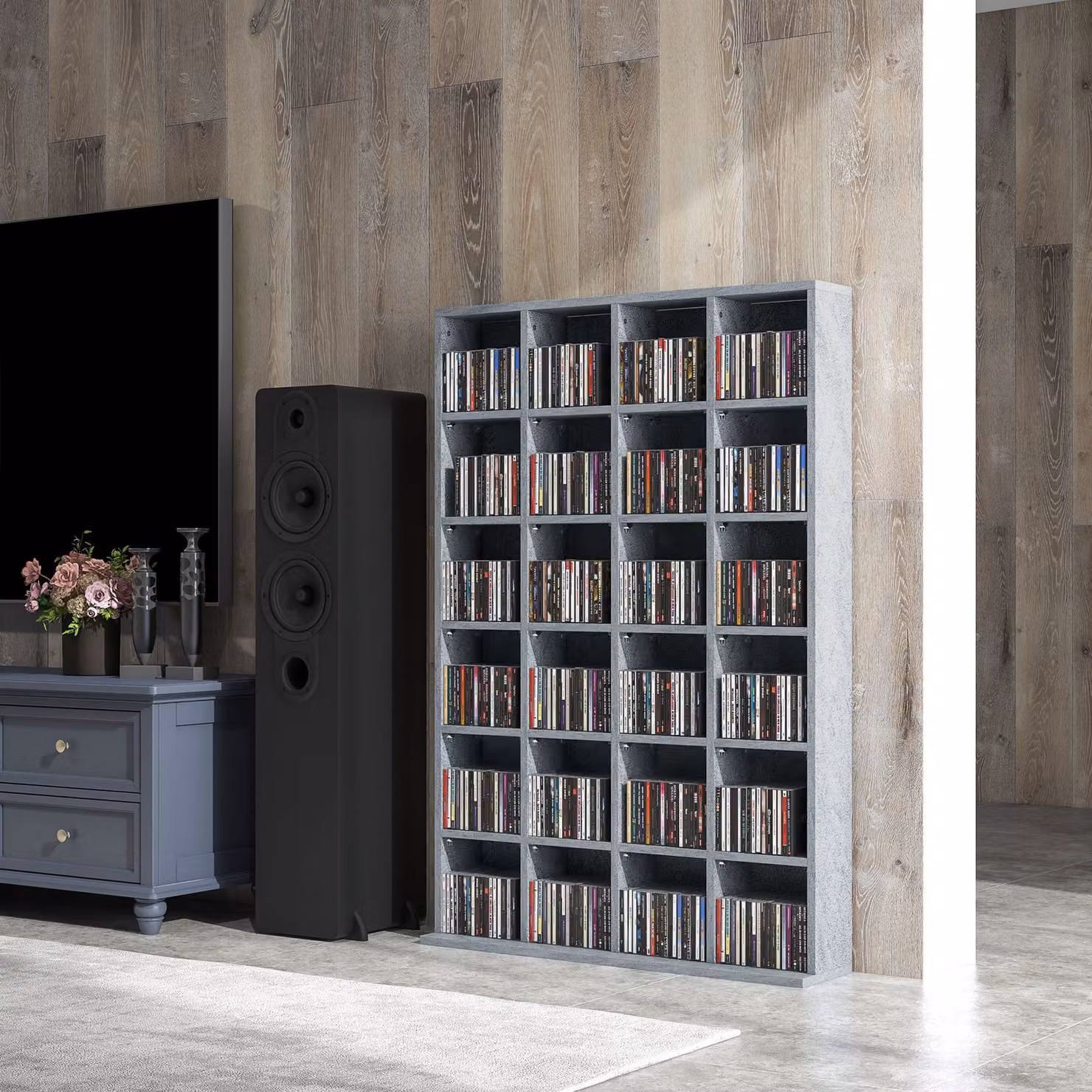 HOMCOM Multi-functional CD and Media Display Shelf with Adjustable Shelves in Cement Grey, W: 89 cm, H: 130.5 cm – 6